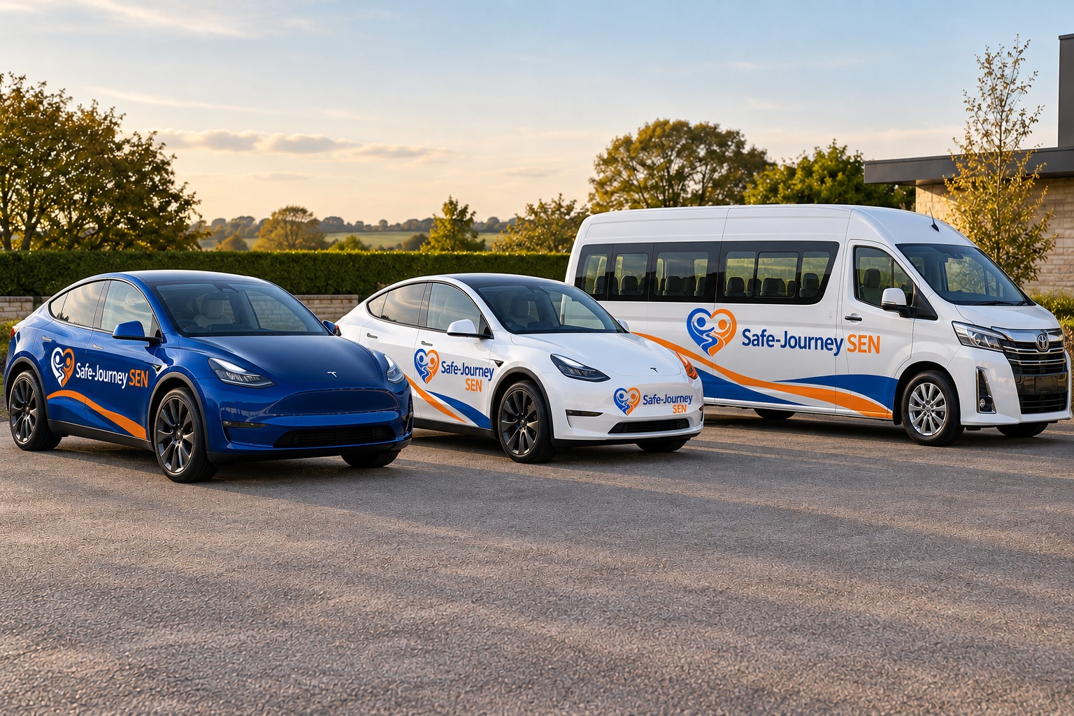 Illustrative AI-generated image of a blue Tesla Model Y, a white Tesla Model Y and a passenger minibus